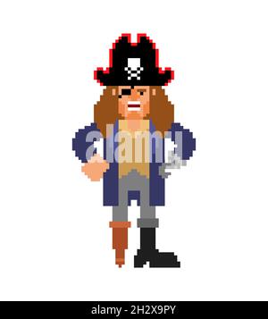Pirate pixel art. Filibuster 8 bit. pixelated buccaneer Stock Vector
