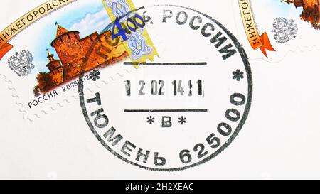 MOSCOW, RUSSIA - OCTOBER 23, 2021: Postage stamp printed in Russia shows Tyumen Post Office mark, dated 2014 Stock Photo