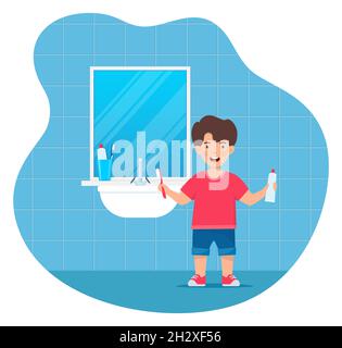 Happy smiling boy kid holding toothbrushe and toothpaste tube, standing in a bathroom. Children dentistry and teeth hygiene. Kids using toothbrush mot Stock Vector