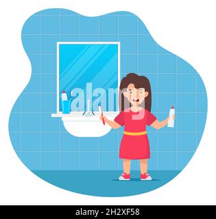 Happy smiling girl kid holding toothbrushe and toothpaste tube, standing in a bathroom. Children dentistry and teeth hygiene. Kids using toothbrush mo Stock Vector