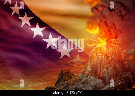 high volcano blast eruption at night with explosion on Bosnia and Herzegovina flag background, troubles because of disaster and volcanic earthquake co Stock Photo