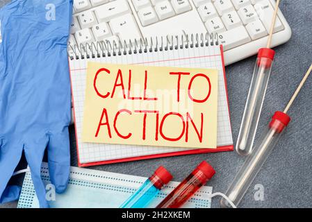 Inspiration showing sign Call To Action. Word for exhortation do something in order achieve aim with problem Typing Medical Notes Scientific Studies Stock Photo