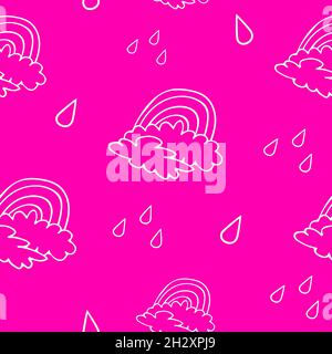 Pink seamless pattern with rainbow, rain and clouds. Stock Vector