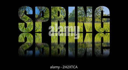 Spring text composed of nature landscape on black background with text reflection in water. Stock Photo