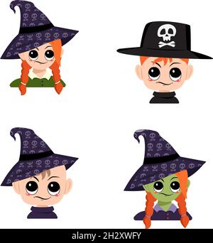 Set of girl, boy and baby with white and green skin, red hair, big eyes and suspicious emotions in pointed witch hat. Head of child with annoyed face. Halloween party decoration Stock Vector