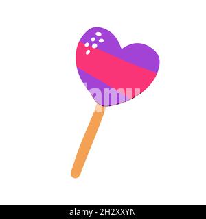 Cartoon candy in the shape of a heart. Lollipop isolated on white background. Hand-drawn pink sweet dessert with a strip for kids party, Easter, birth Stock Vector