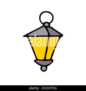 Doodle retro flashlight. Hand-drawn lighted lantern on white background. Holiday, Christmas, church, Halloween pendant lamp, night symbol. Street ligh Stock Vector