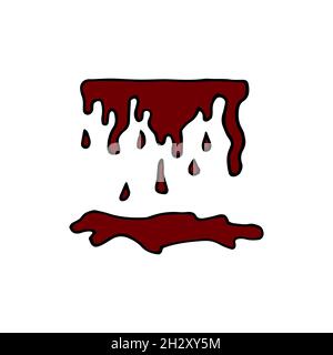 Doodle dripping liquid. Hand-drawn red drops of Paint isolated on white background. Flowing down blobs. Ink drips with a puddle underneath. Halloween Stock Vector