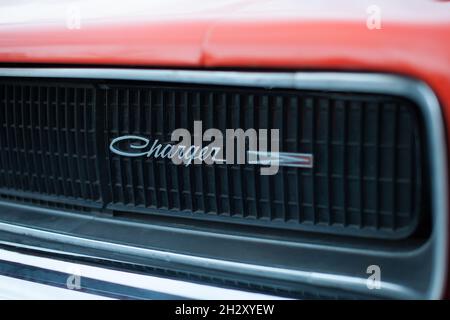 Orange Dodge Charger at a car show in Brossard, Quebec, Canada; this car was the same as the one used in Dukes of Hazzard Stock Photo