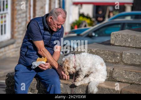 older man with his dog feeding titbits to his pet. older man feeding his pet dog, man spoiling dog feeding it a pie or pasty, man treating his dog. Stock Photo