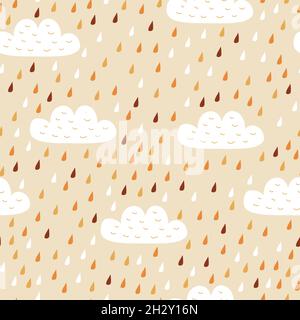 Seamless vector pattern with rain drops and clouds. Cute pattern in yellow fall colors. Abstract background. Stock Vector