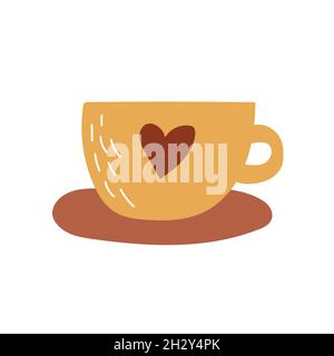 Tea cup with heart hand drawn in trending color. Scandinavian hygge style. Cozy home icon in simple style on white Stock Vector