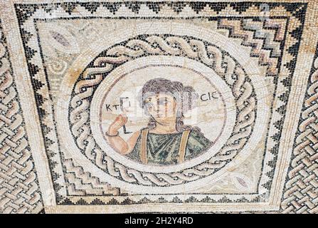 Floor mosaic portraying Ktisis holding a tool for measurements in the House of Eustolius, Kourion, Republic of Cyprus Stock Photo