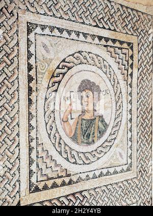 Floor mosaic portraying Ktisis holding a tool for measurements in the House of Eustolius, Kourion, Republic of Cyprus Stock Photo