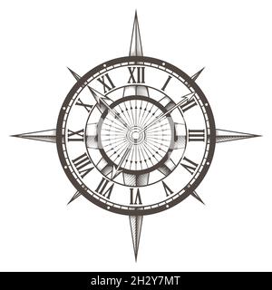 Retro Emblem of Round Compass Clock drawn on white background. Vector illustration. Stock Vector