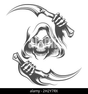 Tattoo of Skull in a Hood holds scythes in hands isolated on white. Vector illustration. Stock Vector