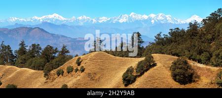 Mountain panoramic view of great himalayan ridge Everest area and Rolwaling area, Nepal Stock Photo