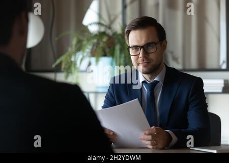 Male hr hold job interview with candidate on vacant post Stock Photo