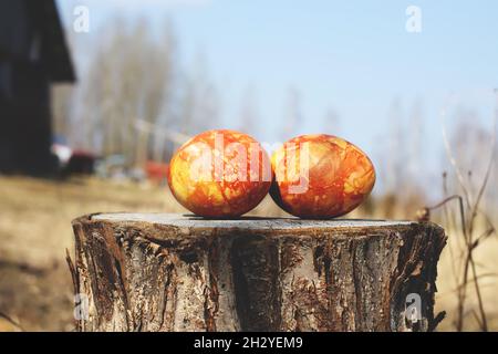 Two bright colorful Easter eggs on the tree stump outdoors on spring nature background Stock Photo