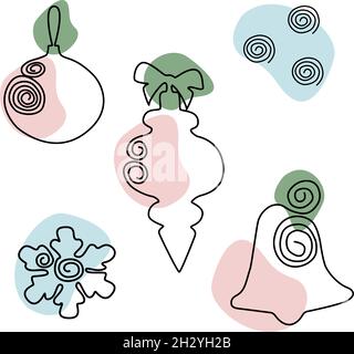 New Year and Christmas simple vector illustration set of three Christmas tree decorations in Line Art style with color spots and snowflake on a white background. Vector illustration. Stock Vector