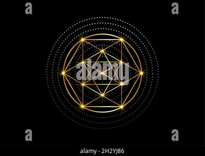 Gold Magic Alchemy symbols, Sacred Geometry. Religion, philosophy, spirituality, occultism concept. Linear triangle with lines and overlapping circles Stock Vector