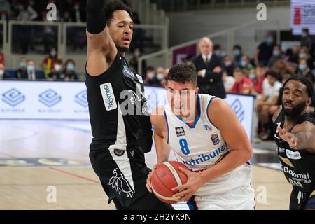 Trento, Italy. 24th Oct, 2021. Offense by Giordano Bortolani - NutriBullet Treviso during Dolomiti Energia Trentino vs Nutribullet Treviso Basket, Italian Basketball A Serie Championship in Trento, Italy, October 24 2021 Credit: Independent Photo Agency/Alamy Live News Stock Photo