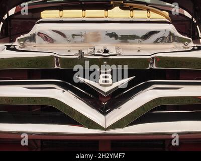 Details of numerous classic cars and US hot rods showing custom painting and attention to detail. Typical American car show in North America. Stock Photo