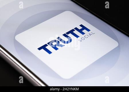 Truth Social app logo seen on the smartphone. New social media platform from Donald Trump. Stafford, United Kingdom, October 24, 2021. Stock Photo