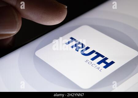 Truth Social app logo seen on the smartphone. New social media platform from Donald Trump. Stafford, United Kingdom, October 24, 2021. Stock Photo