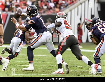 Tampa, United States. 24th Oct, 2021. Tampa Bay Buccaneers' Shaquil Barrett (58) knocks the ball loose from Chicago Bears quarterback Justin Fields (1) during the first half at Raymond James Stadium in Tampa, Florida on Sunday, October 24, 2021. Photo by Steve Nesius/UPI Credit: UPI/Alamy Live News Stock Photo