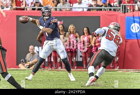 Tampa, United States. 24th Oct, 2021. Tampa Bay Buccaneers' Shaquil Barrett (58) pressures Chicago Bears quarterback Justin Fields (1) during the first half at Raymond James Stadium in Tampa, Florida on Sunday, October 24, 2021. Photo by Steve Nesius/UPI Credit: UPI/Alamy Live News Stock Photo