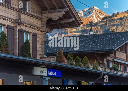 Glacier 3000, Les Diablerets, Switzerland - October 31, 2020: view of buildings and a sign of Gstaad Railway station Stock Photo