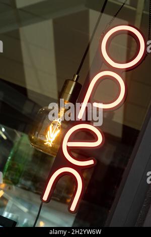 Neon Open for business sign Stock Photo