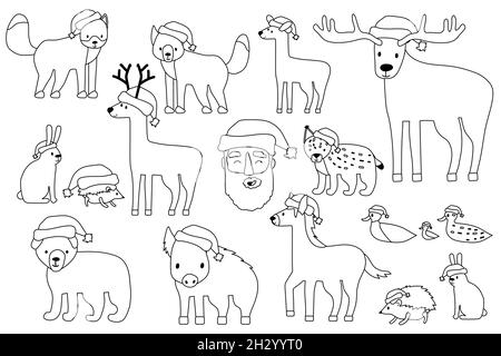 Set of black white outline Christmas animals in Santa hats, Santa Claus happy face. Cartoon isolated vector fox wolf bear cub elk deer fallow deer hed Stock Vector