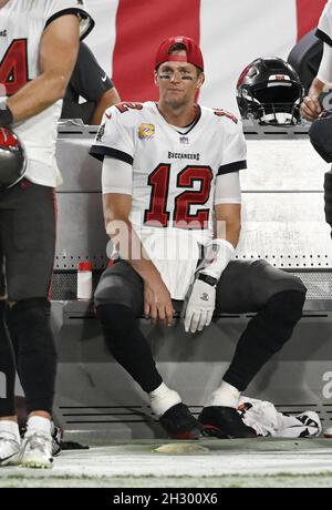 Tampa, United States. 24th Oct, 2021. Tampa Bay Buccaneers quarterback Tom Brady sits on the bench at the end of a 38-3 win over the Chicago Bears at Raymond James Stadium in Tampa, Florida on Sunday, October 24, 2021. Photo by Steve Nesius/UPI Credit: UPI/Alamy Live News Stock Photo