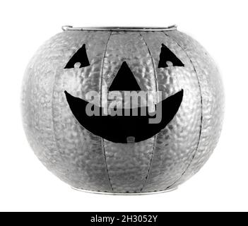 Silver Halloween Pumpkin Candle Holder Isolated Against White Background Stock Photo