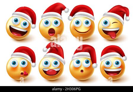 Emoji santa christmas characters vector set. Santa claus smiley with red hat in funny and friendly facial expression for emojis character xmas. Stock Vector