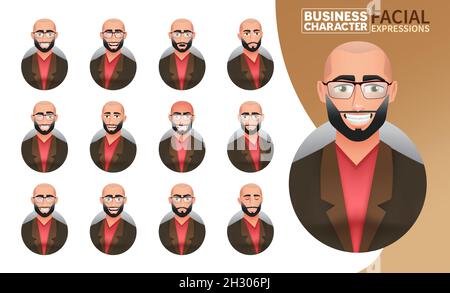 Businessman facial expressions vector set. Business man bald boss character in smiling, serious and angry face reaction for male manager employee mood. Stock Vector