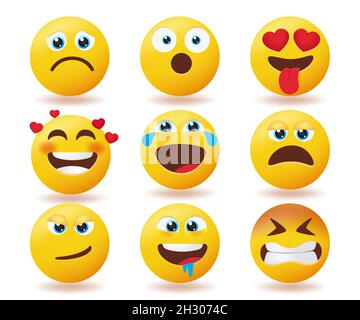 Smileys emoji reaction vector set. Emojis smiley yellow faces collection with facial expression isolated in white background for emoticons face. Stock Vector