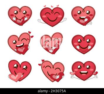 Emoji care smileys vector set. Emoticon valentines heart characters with inlove facial expressions and care hand gestures for hearts face character. Stock Vector