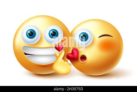 Smileys couple emoji vector design. Inlove 3d emoji characters in kissing and finger heart romantic gesture expression for valentine emojis lovers. Stock Vector