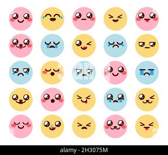Kawaii smileys chibi vector set. Emoticon cute cartoon emojis expression with happy, smiling, sad and blushing in colorful faces for kawaii chibis. Stock Vector