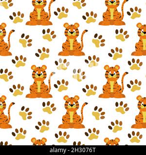 Pattern with orange Chinese tigers and paw prints. Vector illustration. Stock Vector