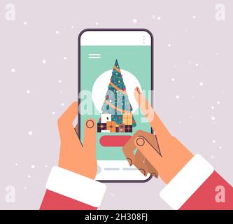 santa claus hands choosing gifts on smartphone screen merry christmas happy new year winter holidays celebration Stock Vector
