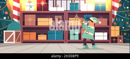 elf in uniform with musical instrument boy santa helper playing trumpet happy new year christmas holidays celebration Stock Vector