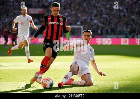 Cologne, Germany. 24th Oct, 2021. Florian Wirtz (L) of Leverkusen vies with Dejan Ljubicic of Cologne during the German first division Bundesliga football match between FC Cologne and Bayer 04 Leverkusen in Cologne, Germany, Oct. 24, 2021. Credit: Ulrich Hufnagel/Xinhua/Alamy Live News Stock Photo