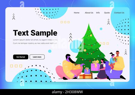 family holding wrapped gifts near decorated fir tree happy new year and merry christmas holidays celebration concept Stock Vector