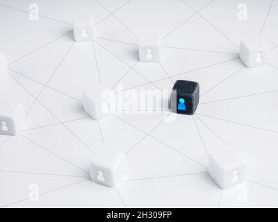 Black difference dice cube with people icon connected with white dices on white background. Society network and communication. Building strong team, h Stock Photo