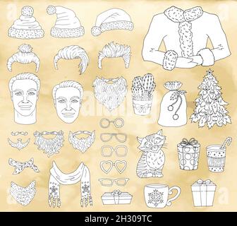 Create your modern Santa hipster. Set with positive senior man head, beard, hair, mustache. Cool Santa Claus constructor. Vector illustration with Chr Stock Vector
