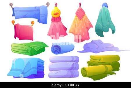 Soft fabric towels hanging on dryer, lying, folded in stack and rolled. Vector cartoon set of cloth towels and textile napkin for hands, body, spa and bathroom isolated on white background Stock Vector